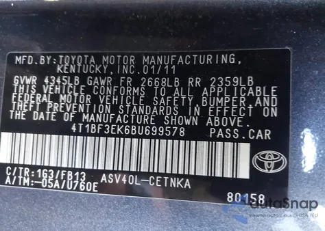 2011 Toyota Camry Se/Le/Xle из США, поврежденный, VIN 4T1BF3EK6B4699578